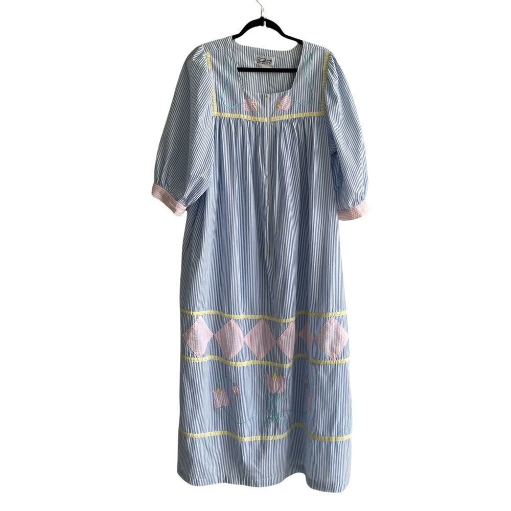 SAYBURY Blue White Striped Seersucker Housecoat Nightgown Large